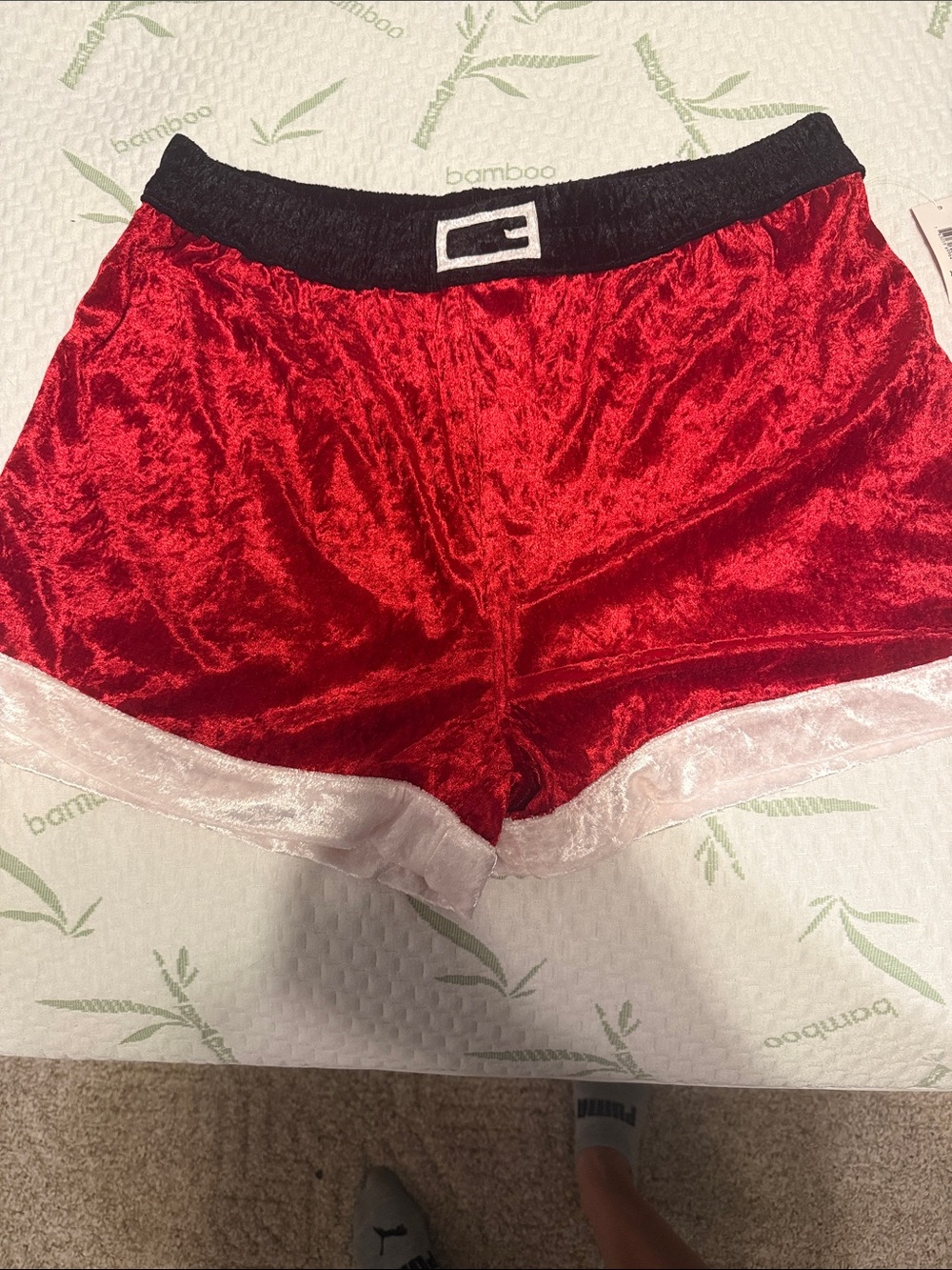 Holiday Time Red Velvet Boxer Shorts with Black Waistband and White Trim